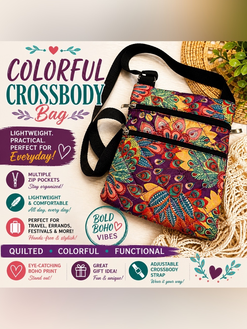 Boho Paisley Quilted Crossbody Bag Multi Pocket Travel Purse